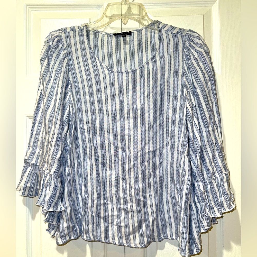 Anthropologie DREW Stripe Tiered Bell/Flutter Sleeves Blouse Women's Size M Blue